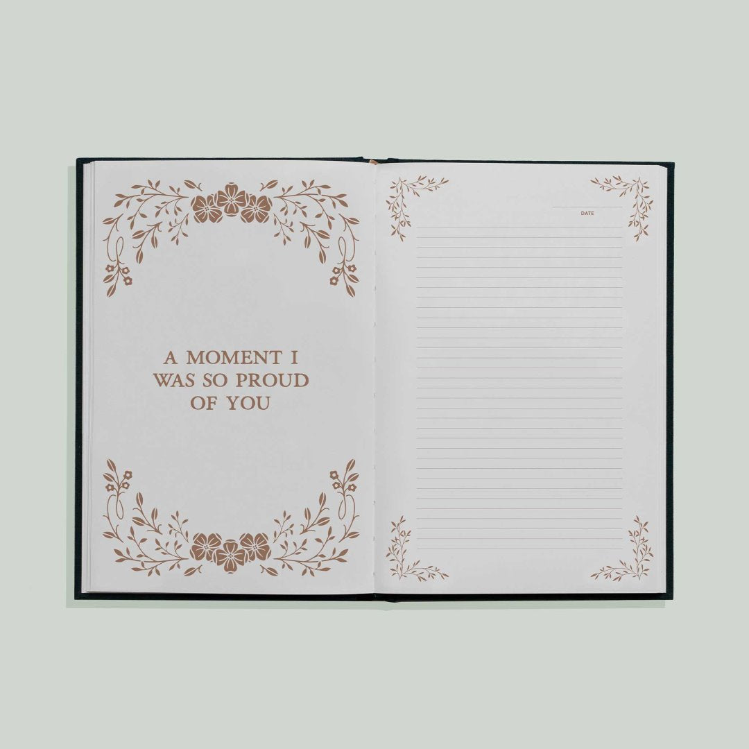 Paige Tate & Co. | Grateful For You | A gratitude journal for parents to preserve memories and special moments. "A moment I was so proud of you" text on a page next to a lined page.