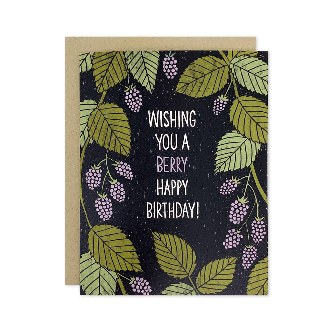 Greeting card with berry and leaf design on a black background