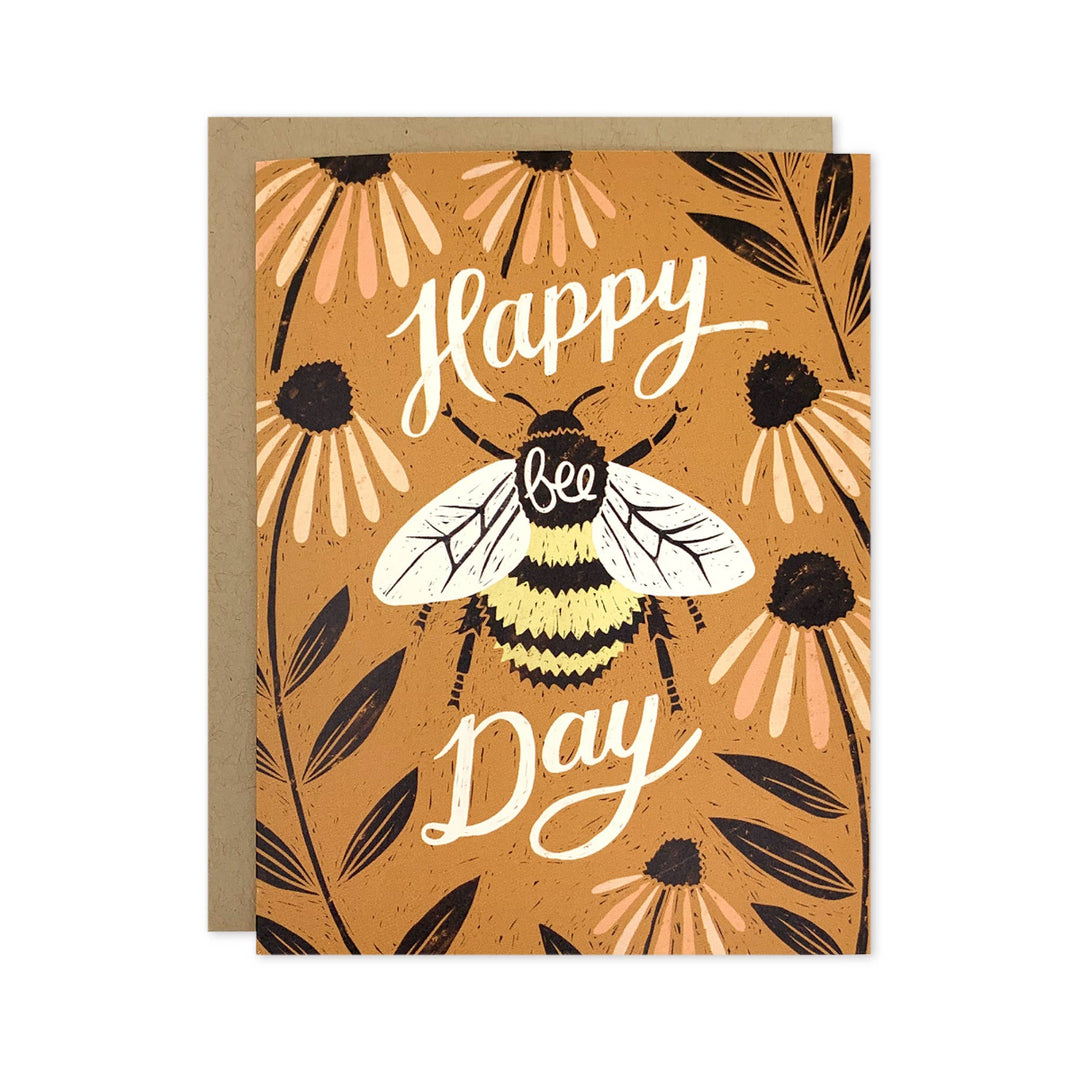 Greeting card with a bee and floral design on a brown background