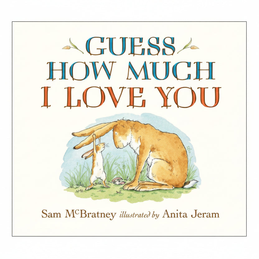 Book cover of 'Guess How Much I Love You' with a large rabbit and smaller rabbit illustration.