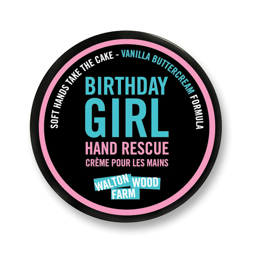 Birthday Girl Hand Rescue | Walton Wood Farm | A round black container that says "Soft Hands Take The Cake - Vanilla Buttercream Formula. Birthday Girl Hand Rescue, creme pour les mains, Walton Wood Farm" in pink and blue.