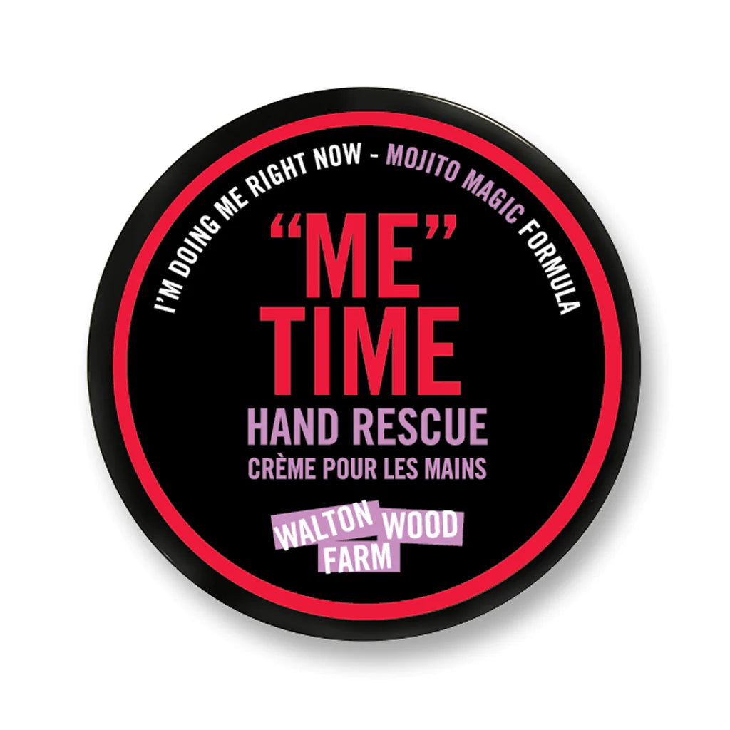 "Me" Time Hand Rescue | Walton Wood Farm | A round black container that reads "I'm Doing Me Right Now - Mojito Magic Formula, "Me" Time, hand rescue, creme pour les mains, Walton Wood Farm." in red, purple, and white.