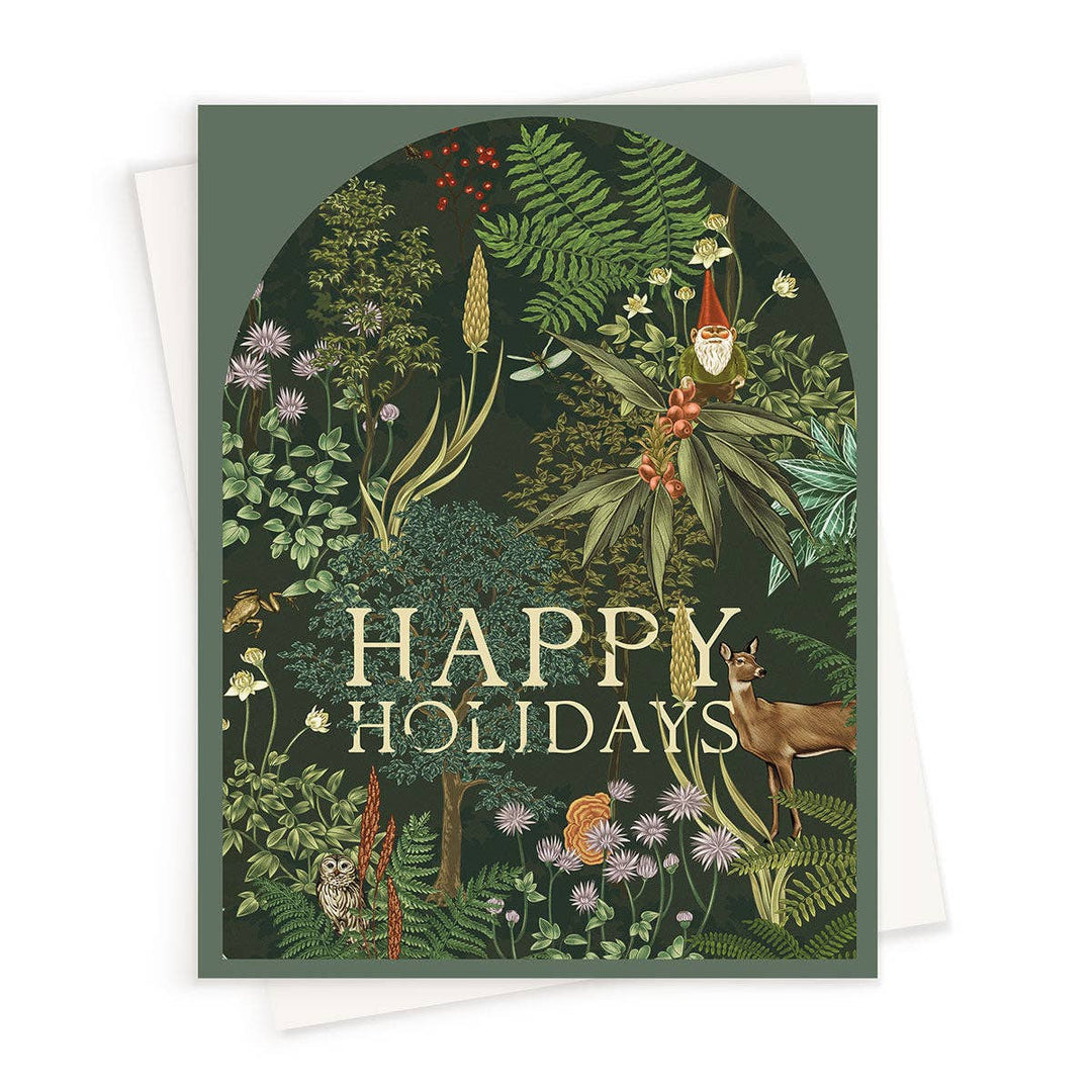Greeting card with nature-themed design and 'Happy Holidays' text on a white background