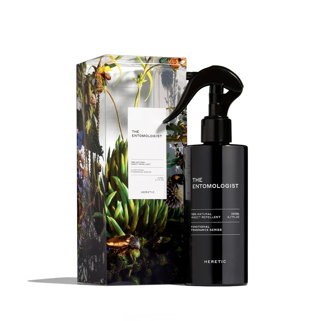 Heretic Beauty | The Entomologist | 200mL 100% natural insect repellent. 6.7 fl oz. A black bottle that comes in a beautifully design floral packaging.