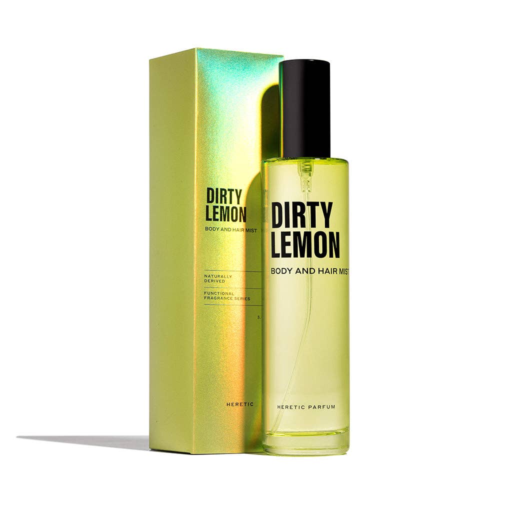 Heretic Parfum | Dirty Lemon body and hair mist with packaging on a white background