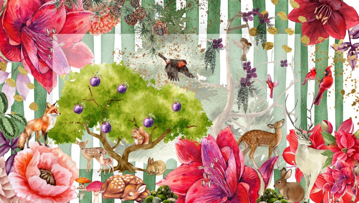 Colorful illustration of nature with flowers, trees, and animals on a striped background.