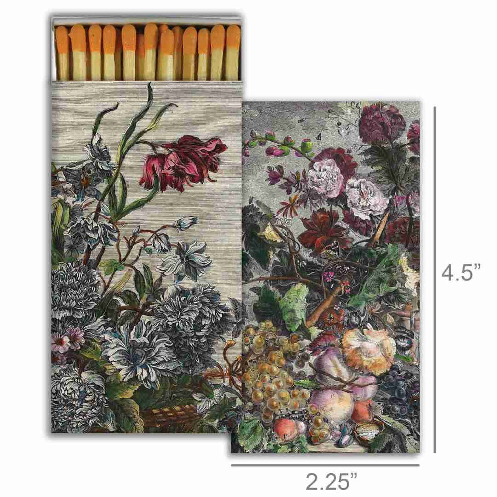 HomArt | Matchbox | Matches with floral design packaging and dimensions displayed