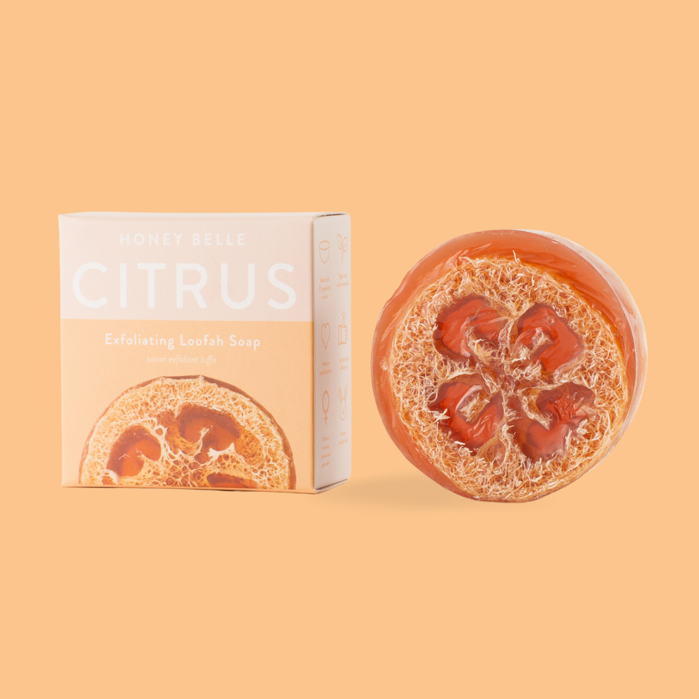 Honey Belle Exfoliating Loofah Soaps are made with coconut oil and a real plant-based loofah sponge. Scent: Citrus
