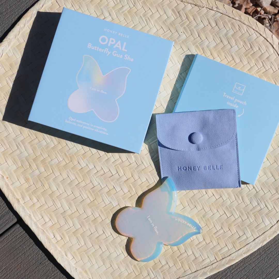 Honey Belle | Gua Sha Butterfly | Opal with a travel pouch.