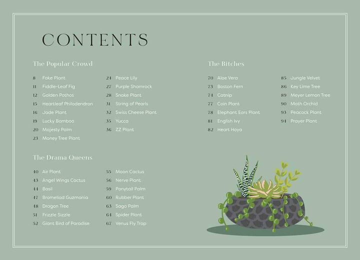 Houseplants and their fucked up thoughts | Simon & Schuster | A table of contents page listing off the plants include and categorizing them as "The Popular Crowd", "The Drama Queens", or 'The Bitches".