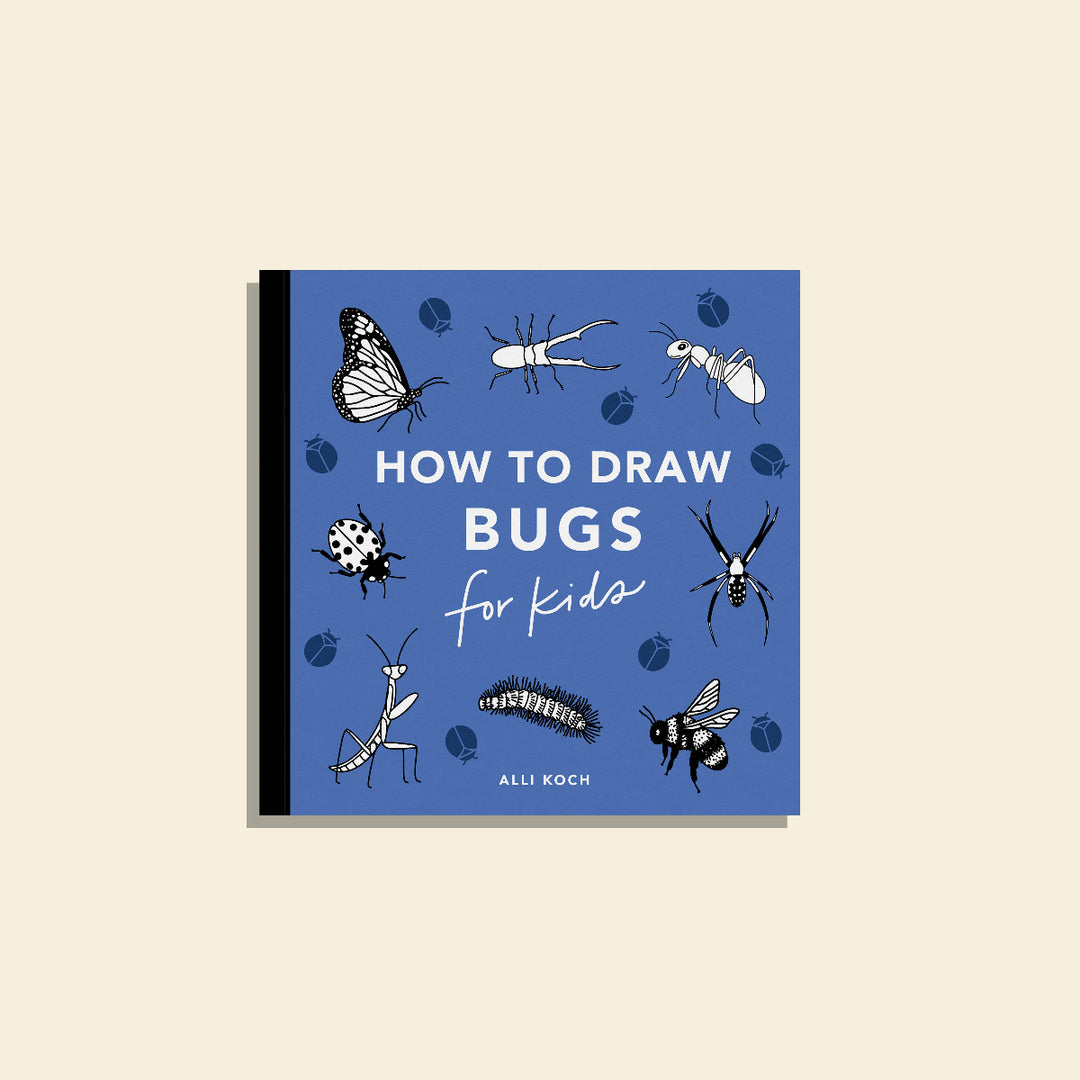 Book cover of 'How to Draw Bugs for Kids' with illustrations of bugs on a blue background