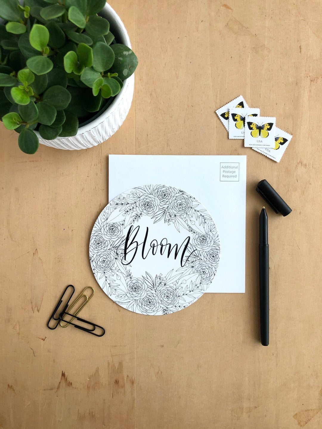 Black and White circular card Showcasing illustrations of flowers this floral greeting card captures the essence of a blossoming floral symbolizing growth and the beauty found in relationships.