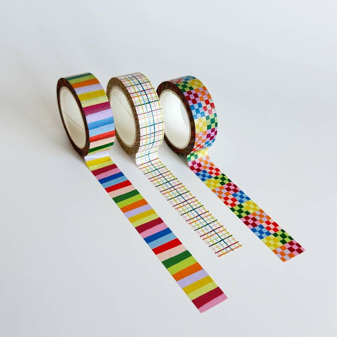 Idlewild Co. | Rainbow Washi Tape | Striped, gridded, and checkered washi tape. 3 rolls shown.