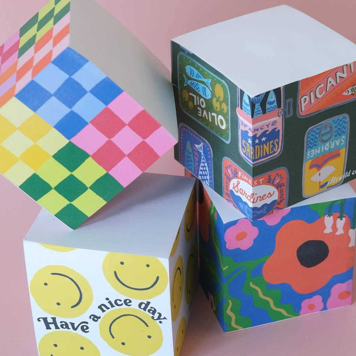 Idlewild Co. | Rainbow Check Sticky Note Cube | Illustrated Sardines sticky note cube, smiley face sticky note cube, flowers sticky note cube.