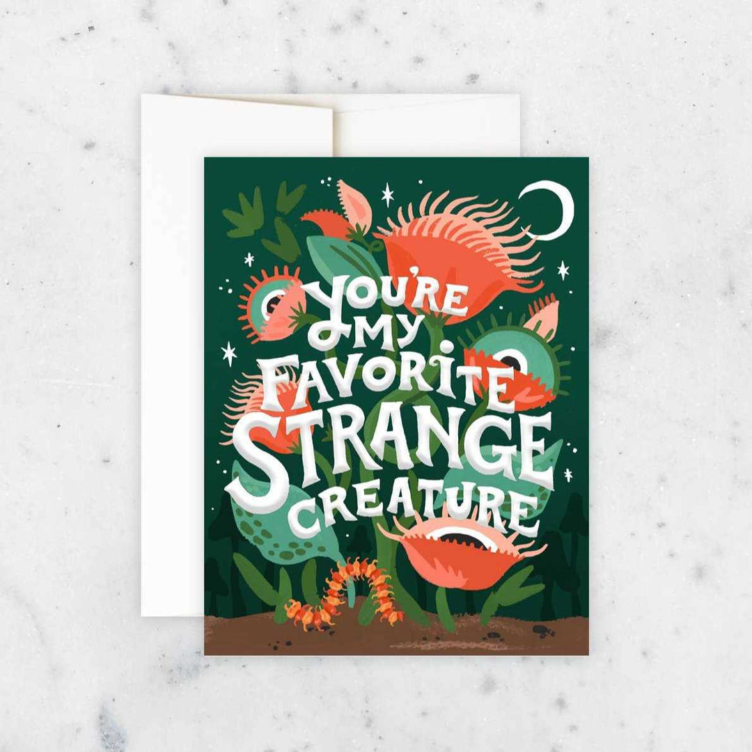 Idlewild Co. | You're my favorite strange creature | A fantastical card with bugs, stars, and venus fly traps with eyeballs.