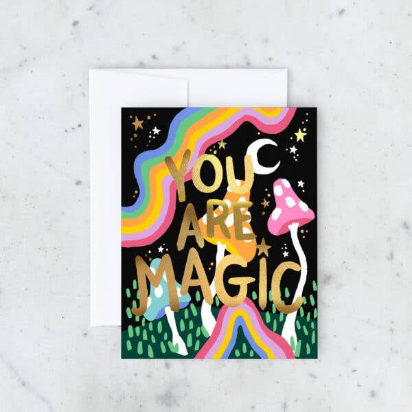 IdlewildCo | You Are Magic | Greeting Card with a night sky, rainbow, and colorful mushrooms. Text reads "You are magic".