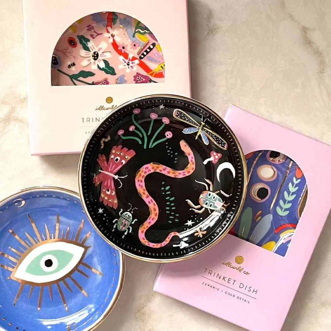 Idlewild Co. | Midnight Garden Trinket Dish | Displayed with additional trinket dishes of different designs.