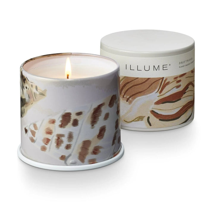Illume | Driftwood Vanity Tin Candle. Abstract beach themed exterior.