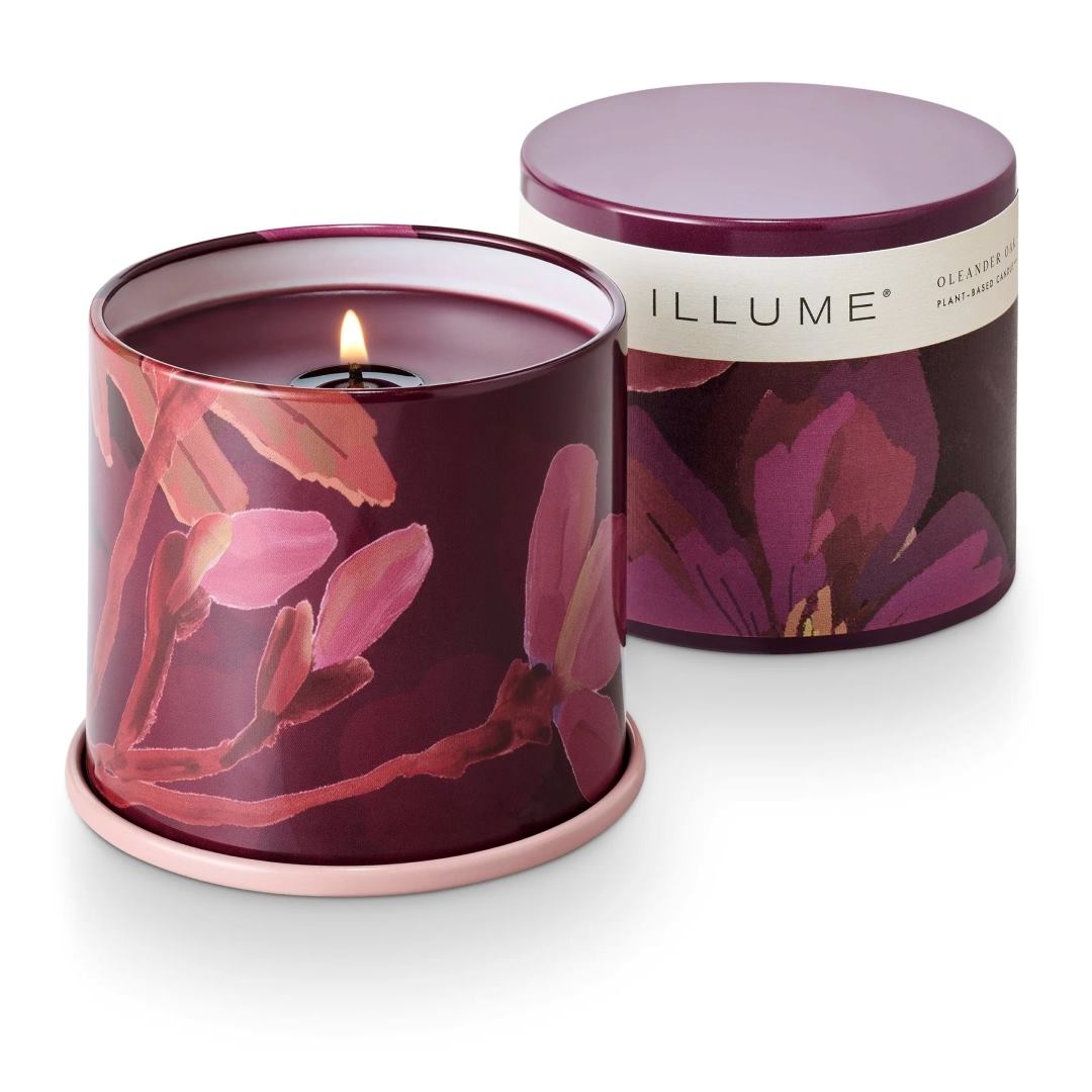 Illume | vanity tin, oleander oak scent with a dark purple color.