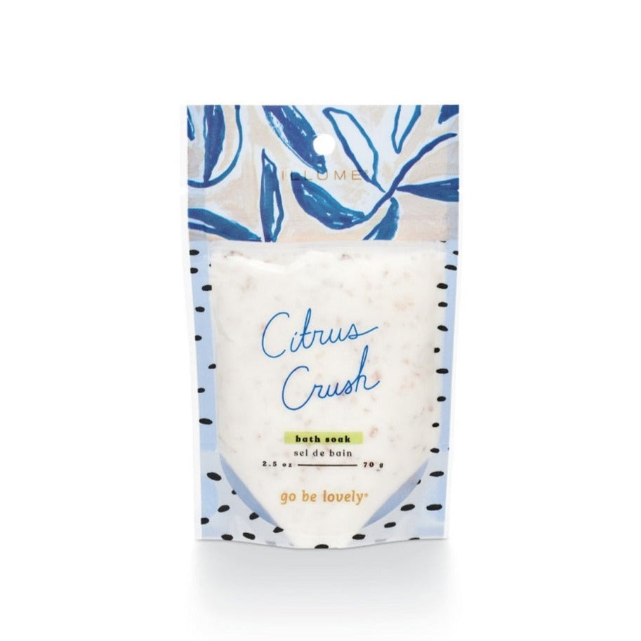 Citrus Crush Bath Soak| These bath soaks are wrapped in beautiful blue floral packaging, with product window in the center where you can see the powdered bath soaks.  