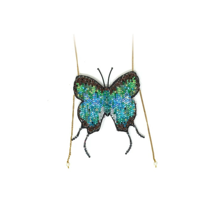 Trovelore | Imperial Hairstreak Butterfly Necklace | Blue and green beaded butterfly, hand embroidered.