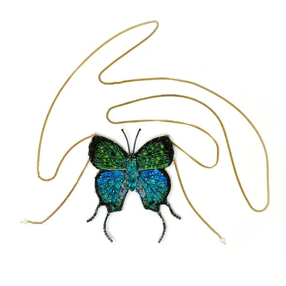 Trovelore | Hairstreak Butterfly Necklace | Beaded and embroidered butterfly with sequins and thread.