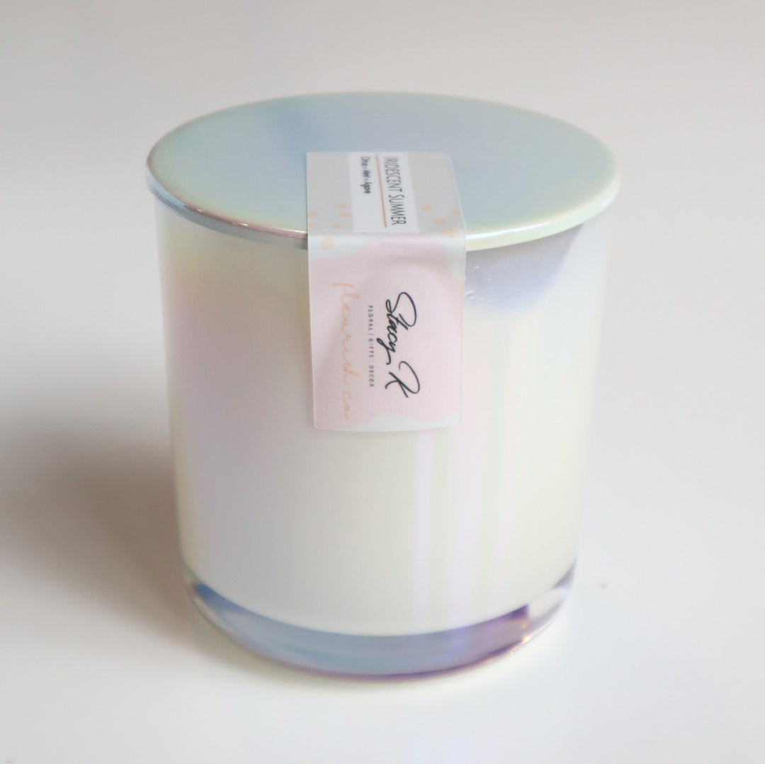 Iridescent Summer | An iridescent candle with a simple pink label that reads "Stacy K, floral, gifts, decor, Fleurish Co.".