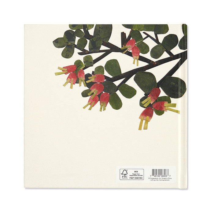 A cream book with a paper tree illustration.