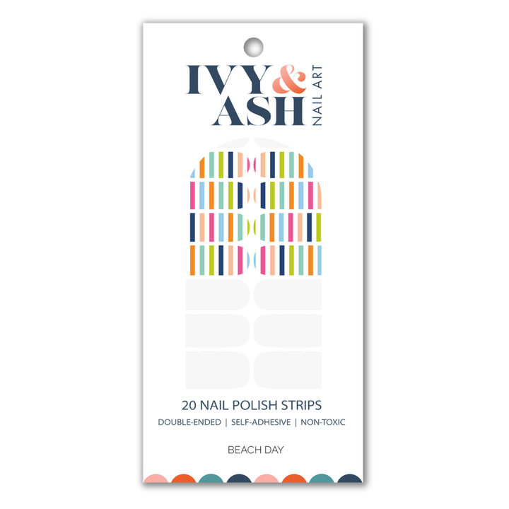 Ivy & Ash | Beach Day | White & Colorful Striped Summer Nail Wrap Set