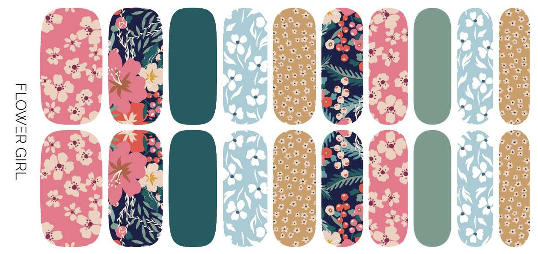 Ivy & Ash | Flower Girl | Nail Wraps | Colorful floral wraps template showing all available styles.