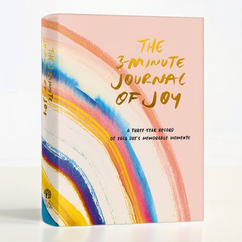 Journal titled 'The 3-Minute Journal of Joy' with colorful design on a white background
