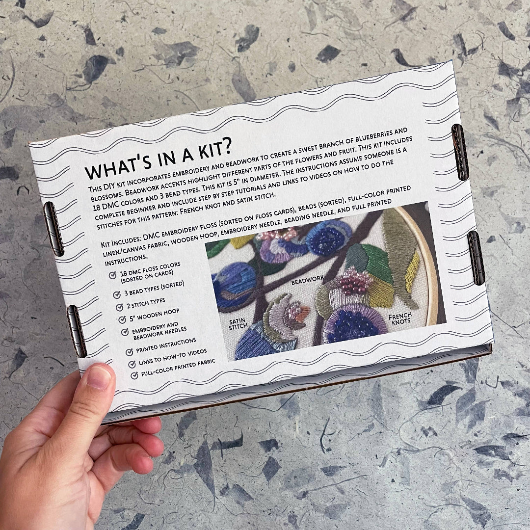 Hand holding a craft kit with embroidery design on a textured surface