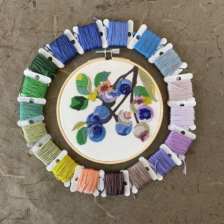 Embroidery hoop with colorful thread spools and a floral embroidery design on a textured surface.