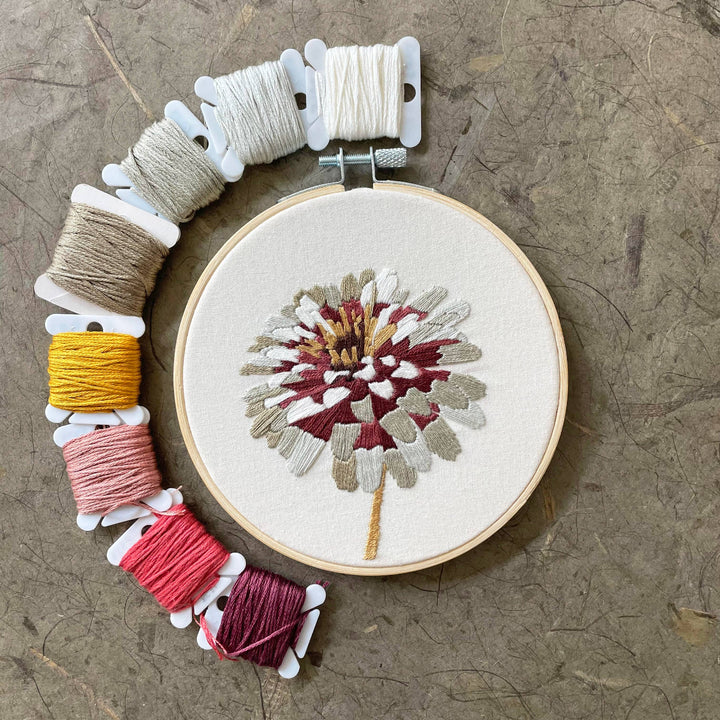 Embroidery hoop with floral design and colorful thread spools on a textured surface