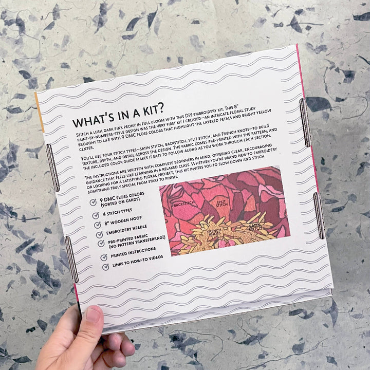 Embroidery kit packaging with instructions and a sample design on a textured surface