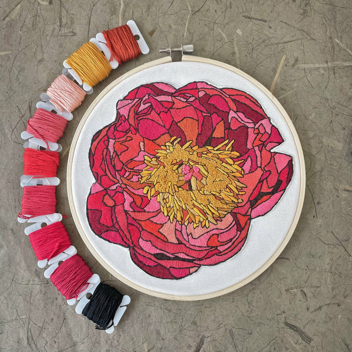 Embroidery hoop with a colorful floral design on a textured surface