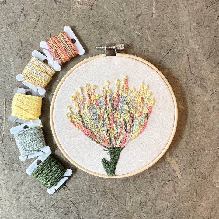 Embroidery hoop with floral design and colorful threads on a textured surface