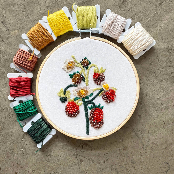 Embroidery hoop with floral design and colorful thread spools on a textured surface
