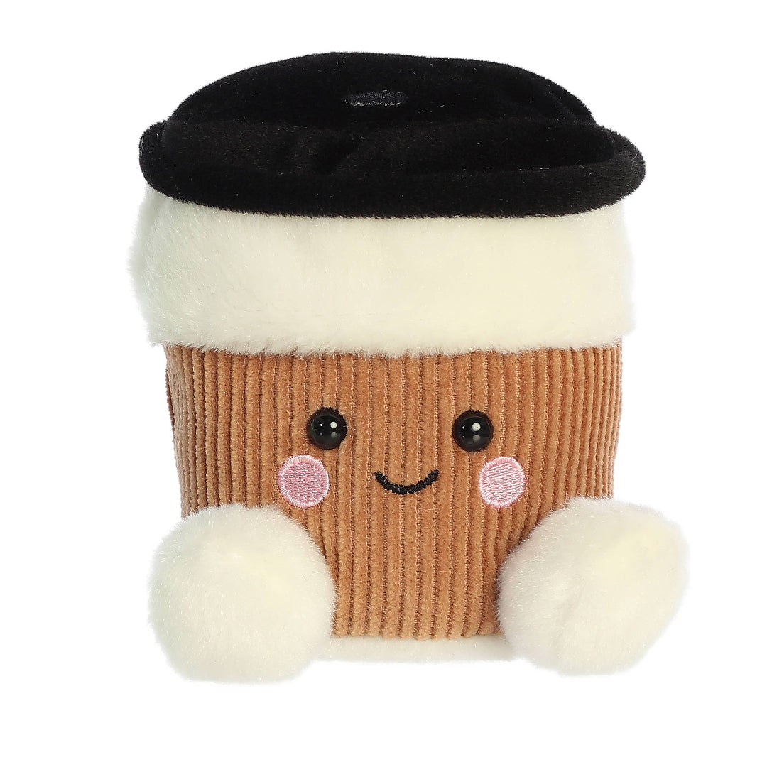 Plush toy resembling a coffee cup with a black lid on a white background