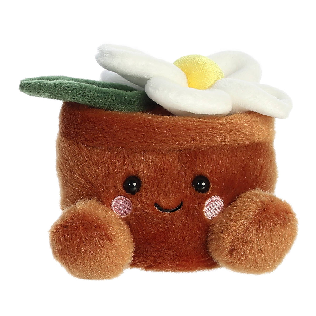 Plush toy resembling a pot with a flower on a white background