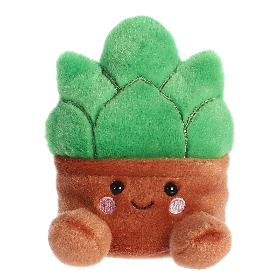 Plush toy shaped like a cartoon succulent with a smiling face on a white background