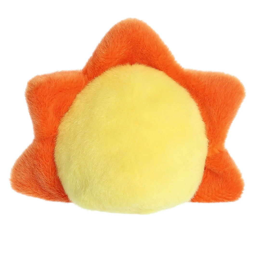 Star-shaped plush toy with a yellow center and orange outer shell on a white background