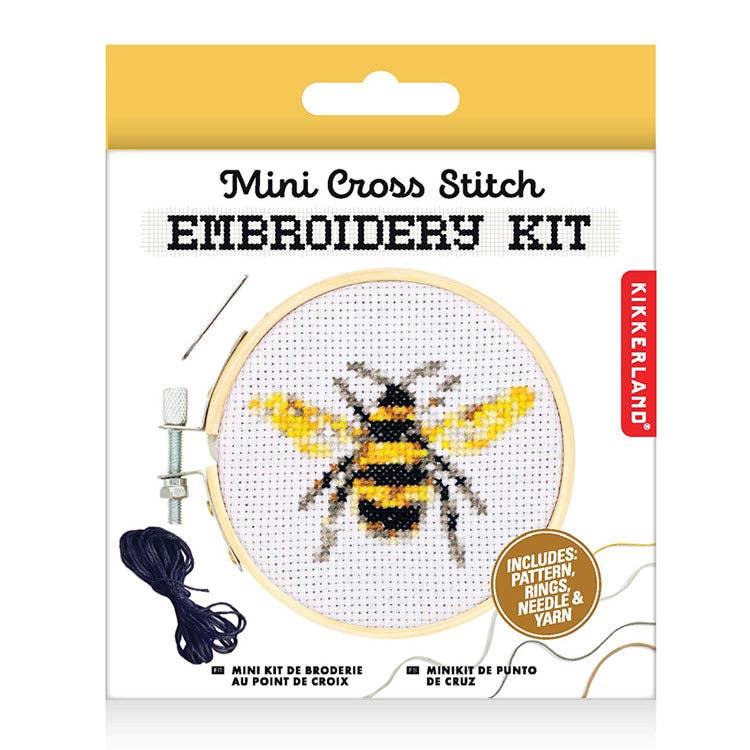 Kikkerland mini cross stitch embroidery kit with bee design on packaging