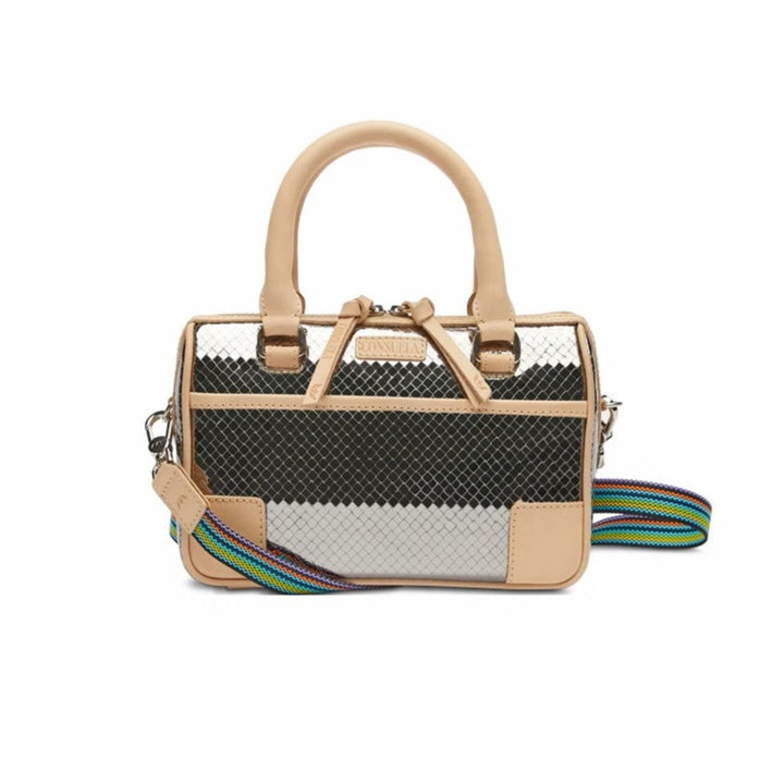 Kyle Luncheon | A silver reflective handbag with diego leather accents/handle, and a multi color shoulder strap.