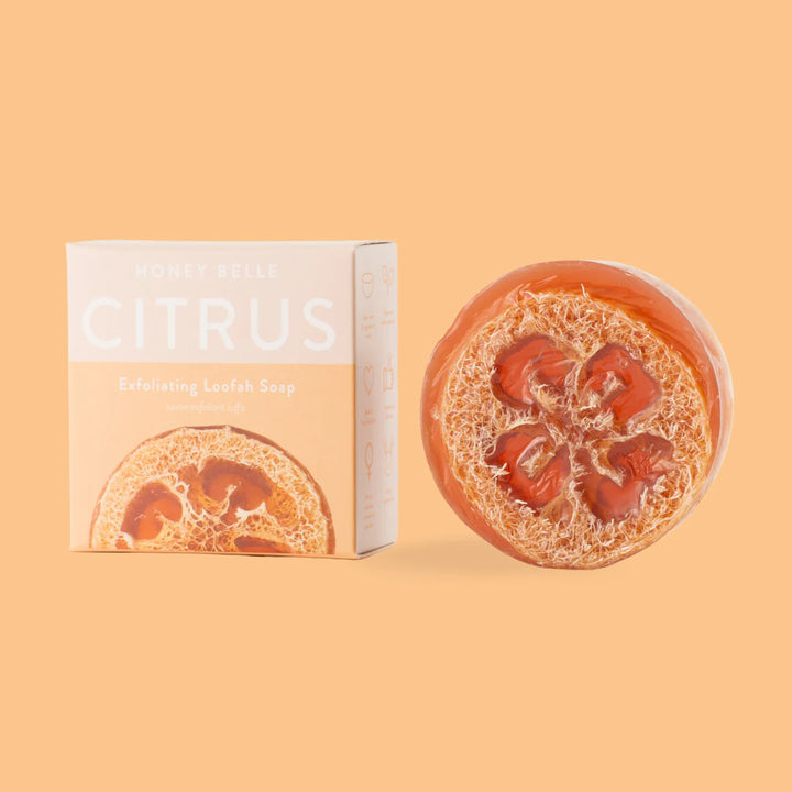 Loofah Soap | Honey Belle | Citrus exfoliating Loofah Soap, light orange packaging.