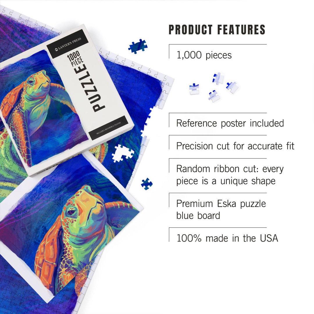 Jigsaw puzzle packaging with turtle illustration and product features listed.