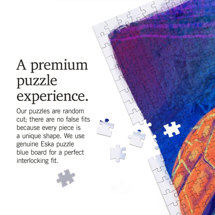Jigsaw puzzle with a colorful design on a white background, featuring text about the puzzle experience.