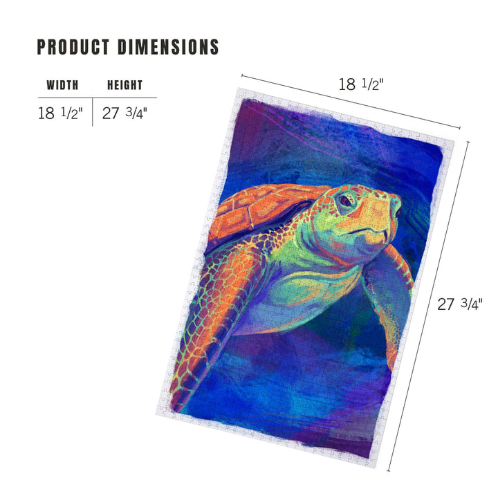 Colorful towel with a turtle design and product dimensions on a white background