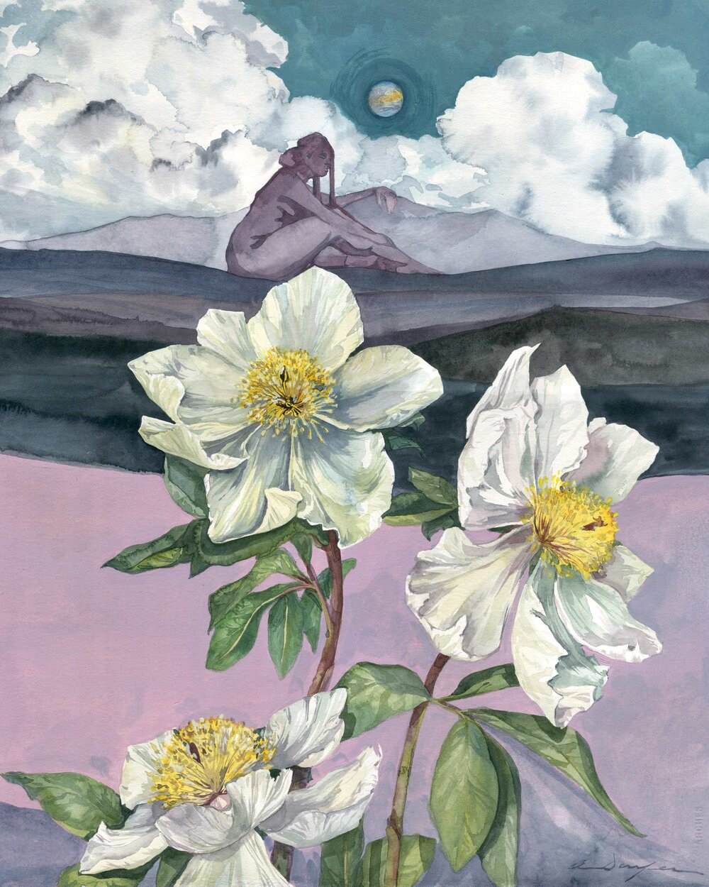 Andrea Durfee | Flowers against and landscape background. Libra watercolor illustration