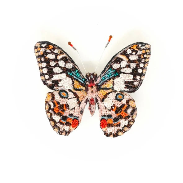 Trovelore | Lime Swallowtail Butterfly | A brown, blue, orange, and cream, butterfly, embroidered and beaded.